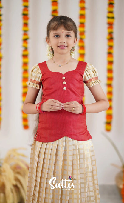 Organza Pavadai Sattai - Offwhite And Red Kids-Suttis