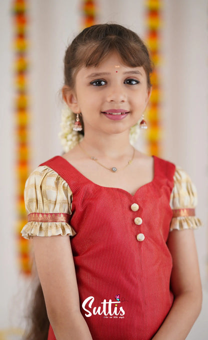 Organza Pavadai Sattai - Offwhite And Red Kids-Suttis