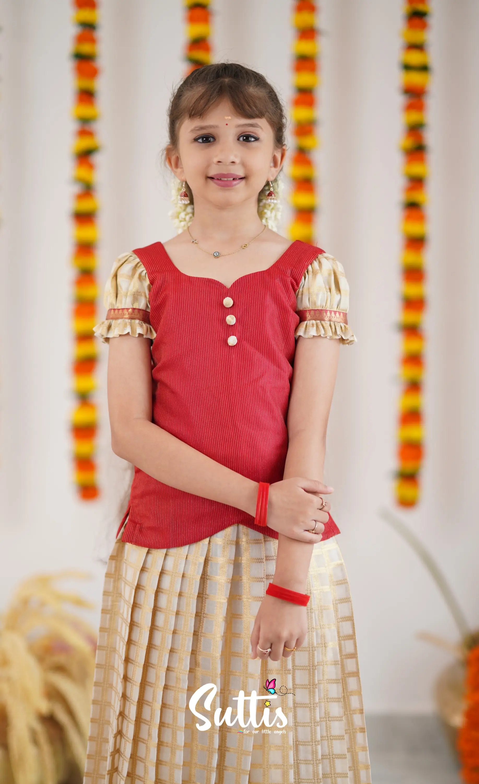 Organza Pavadai Sattai - Offwhite And Red Kids-Suttis