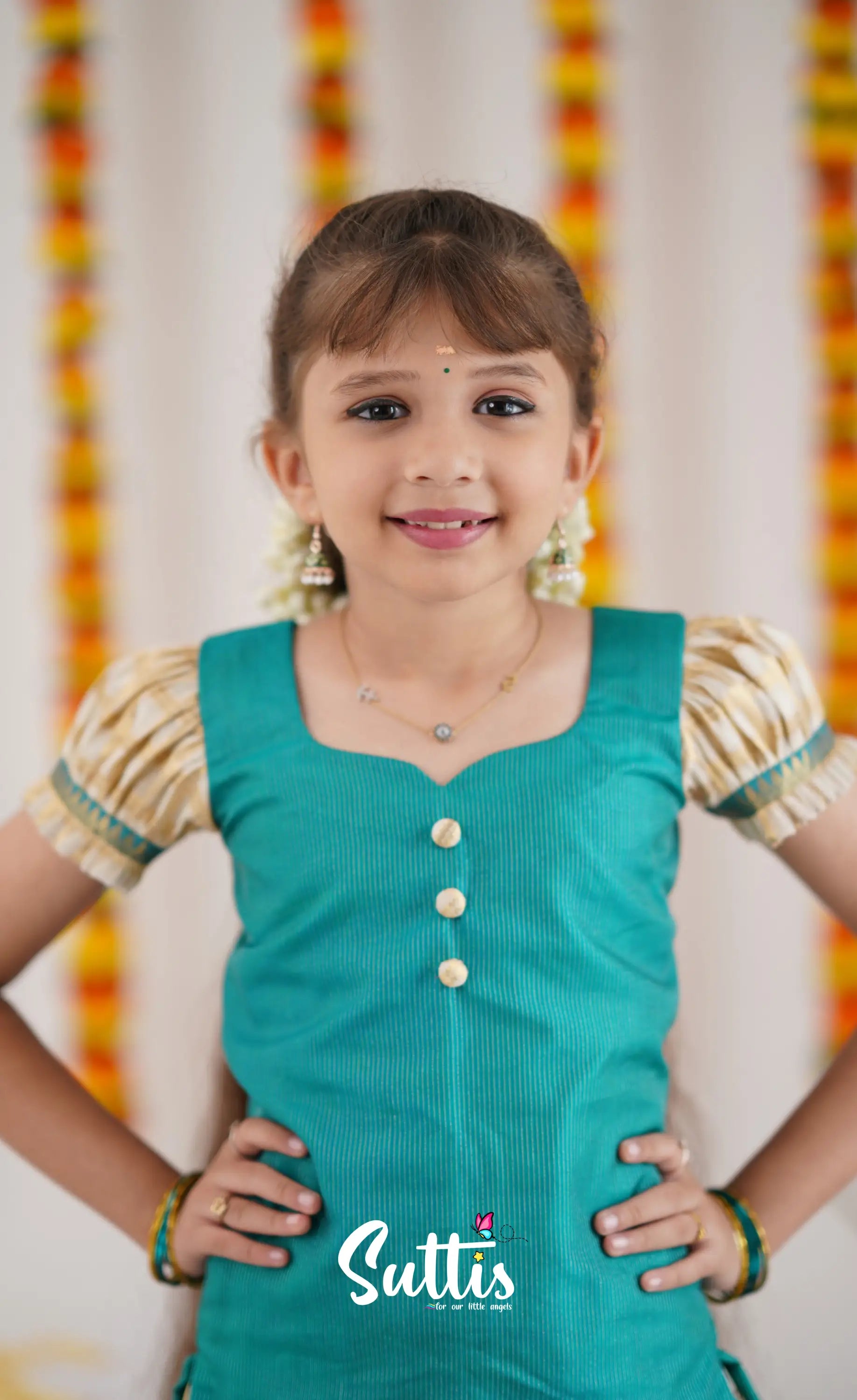 Organza Pavadai Sattai - Offwhite And Teal Kids-Suttis