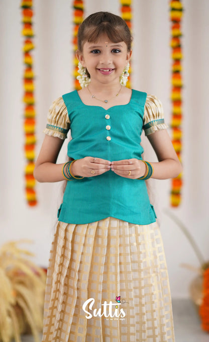 Organza Pavadai Sattai - Offwhite And Teal Kids-Suttis