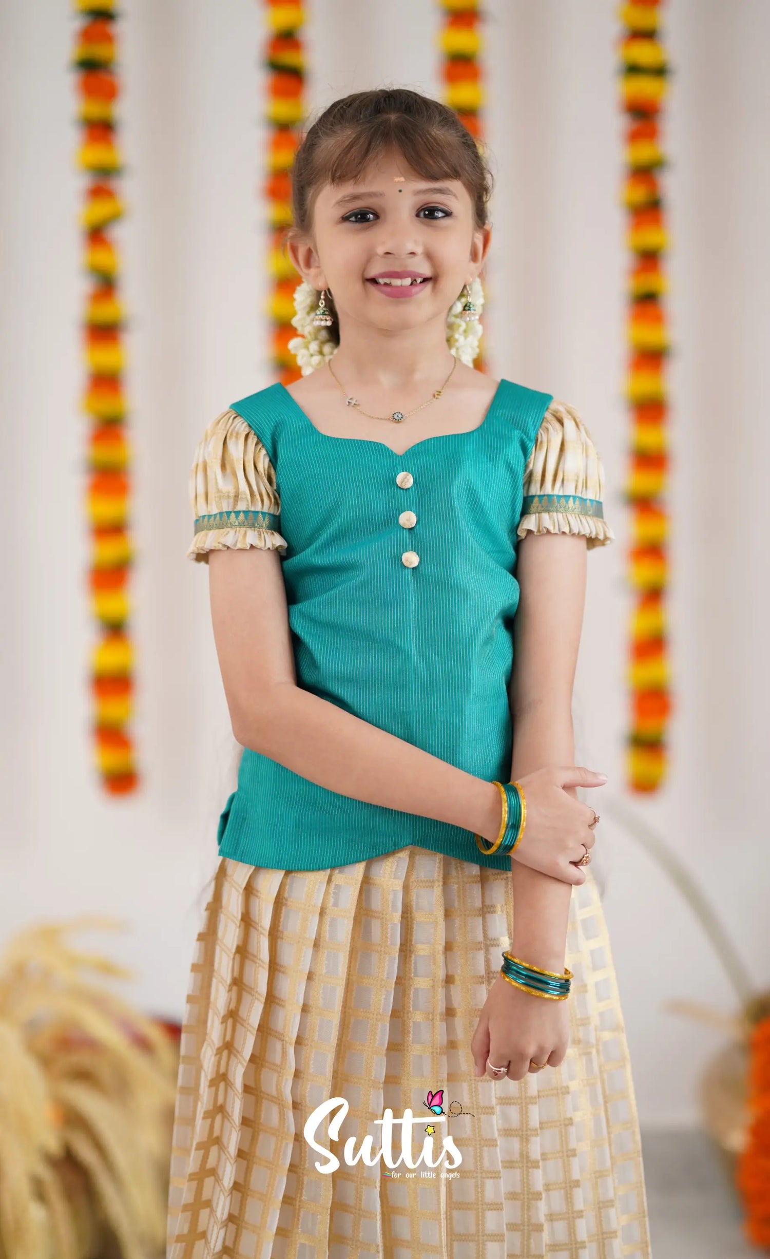 Organza Pavadai Sattai - Offwhite And Teal Kids-Suttis