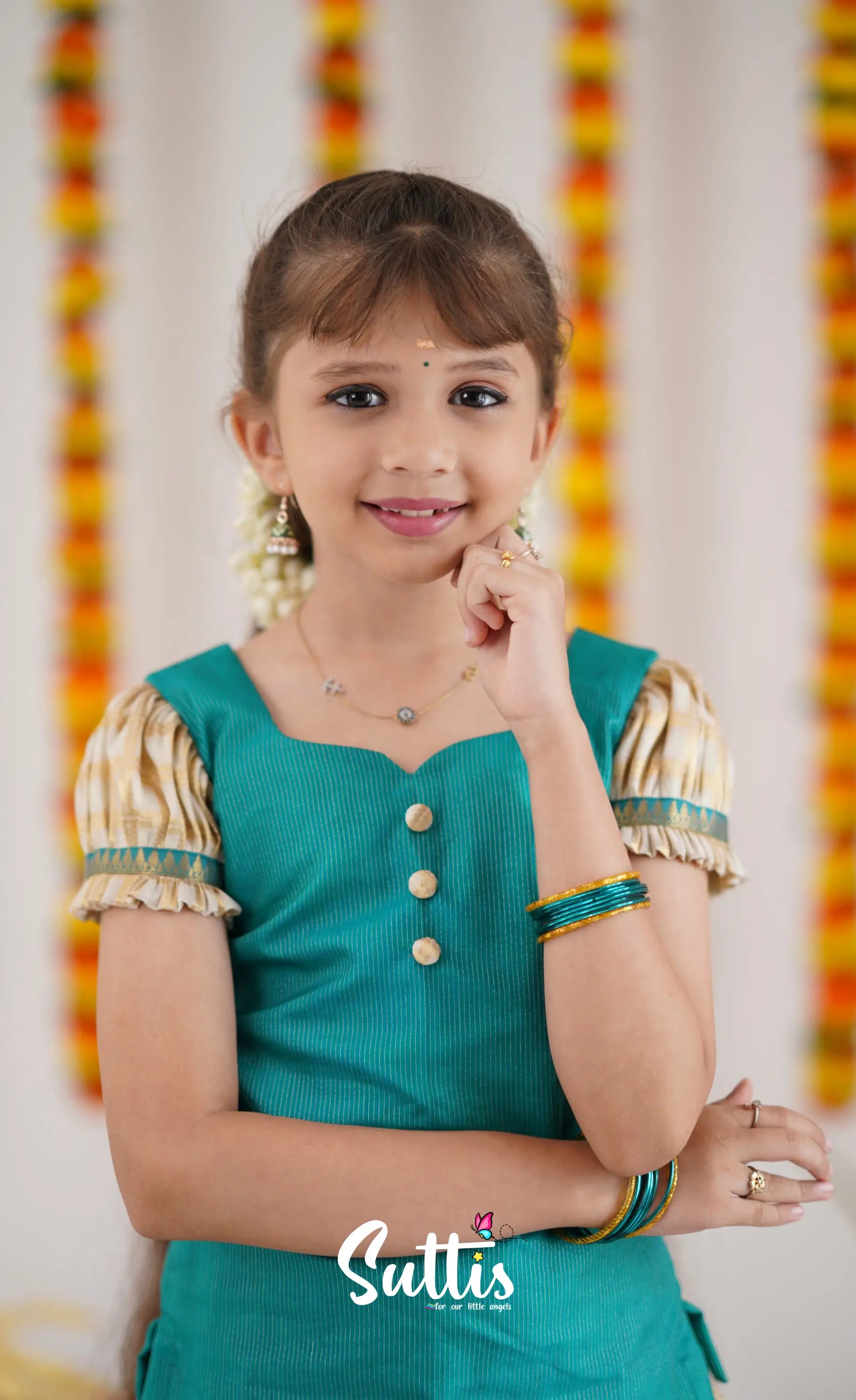 Organza Pavadai Sattai - Offwhite And Teal Kids-Suttis