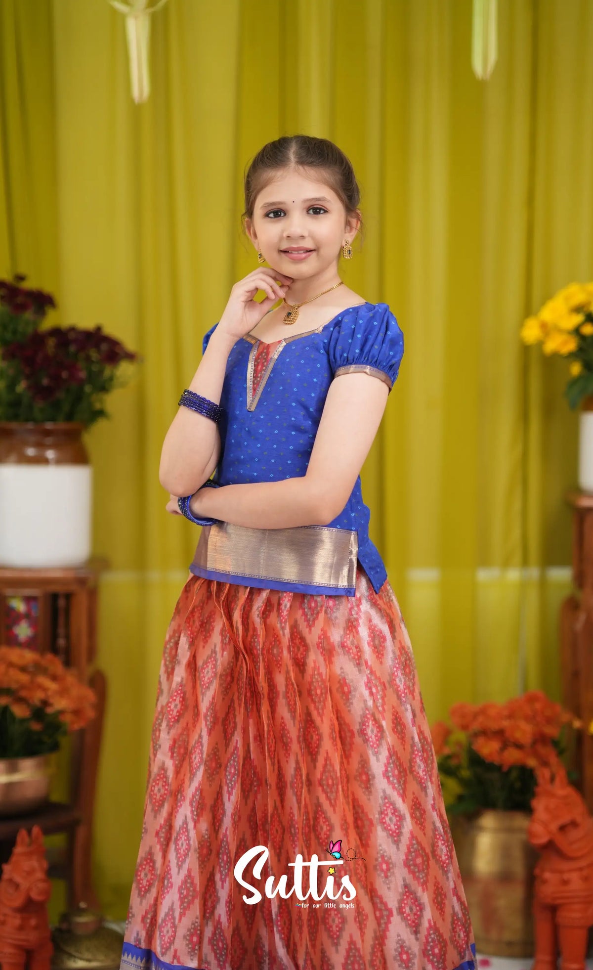 Organza Pavadai Sattai - Orangish red and Dark blue - Kids-Suttis