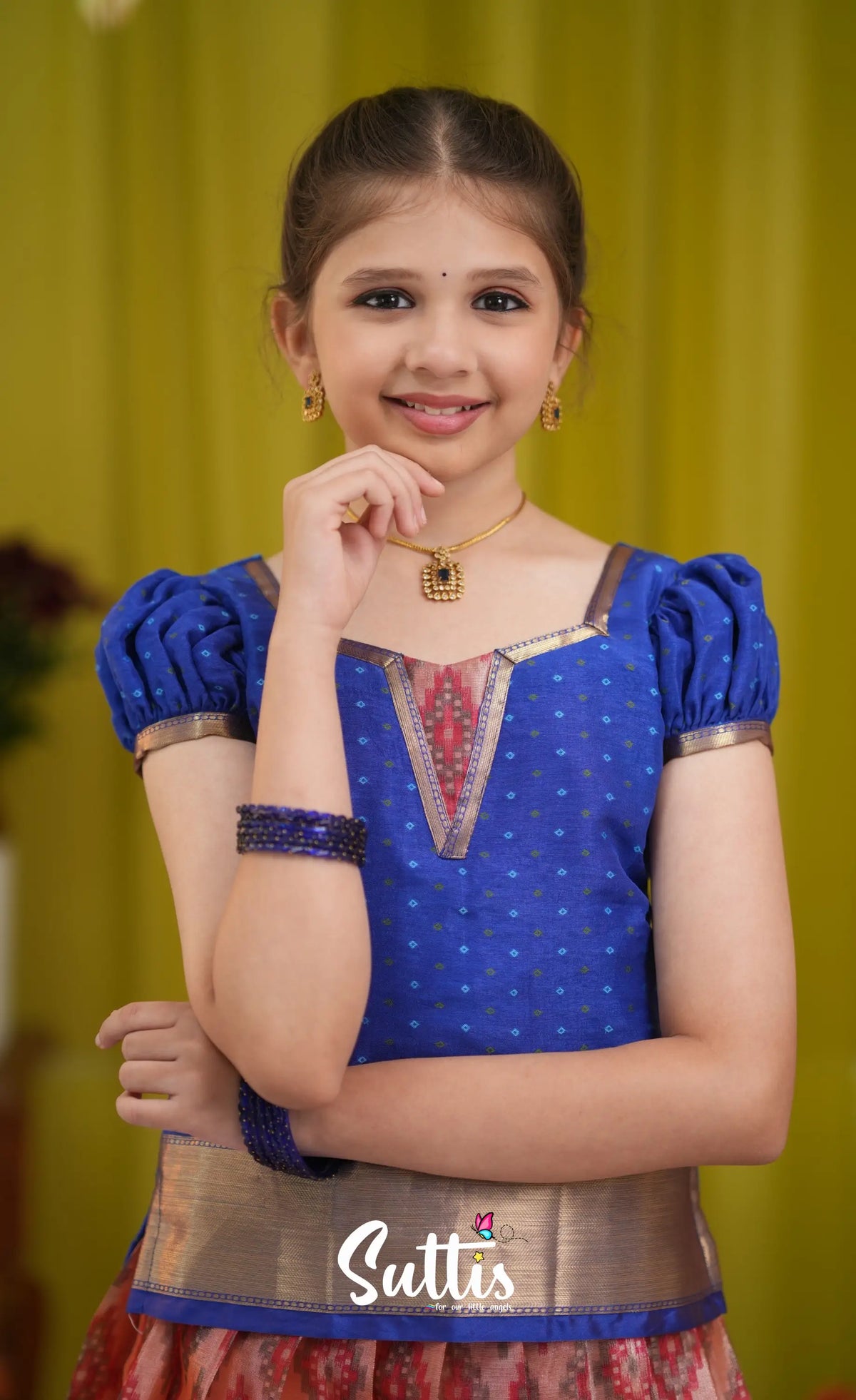 Organza Pavadai Sattai - Orangish red and Dark blue - Kids-Suttis
