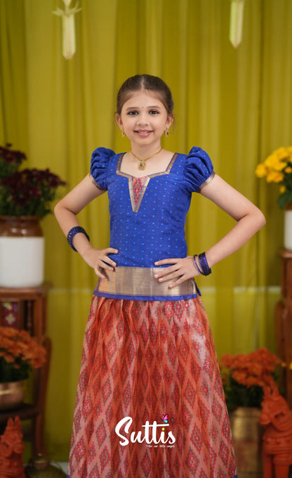 Organza Pavadai Sattai - Orangish red and Dark blue - Kids-Suttis