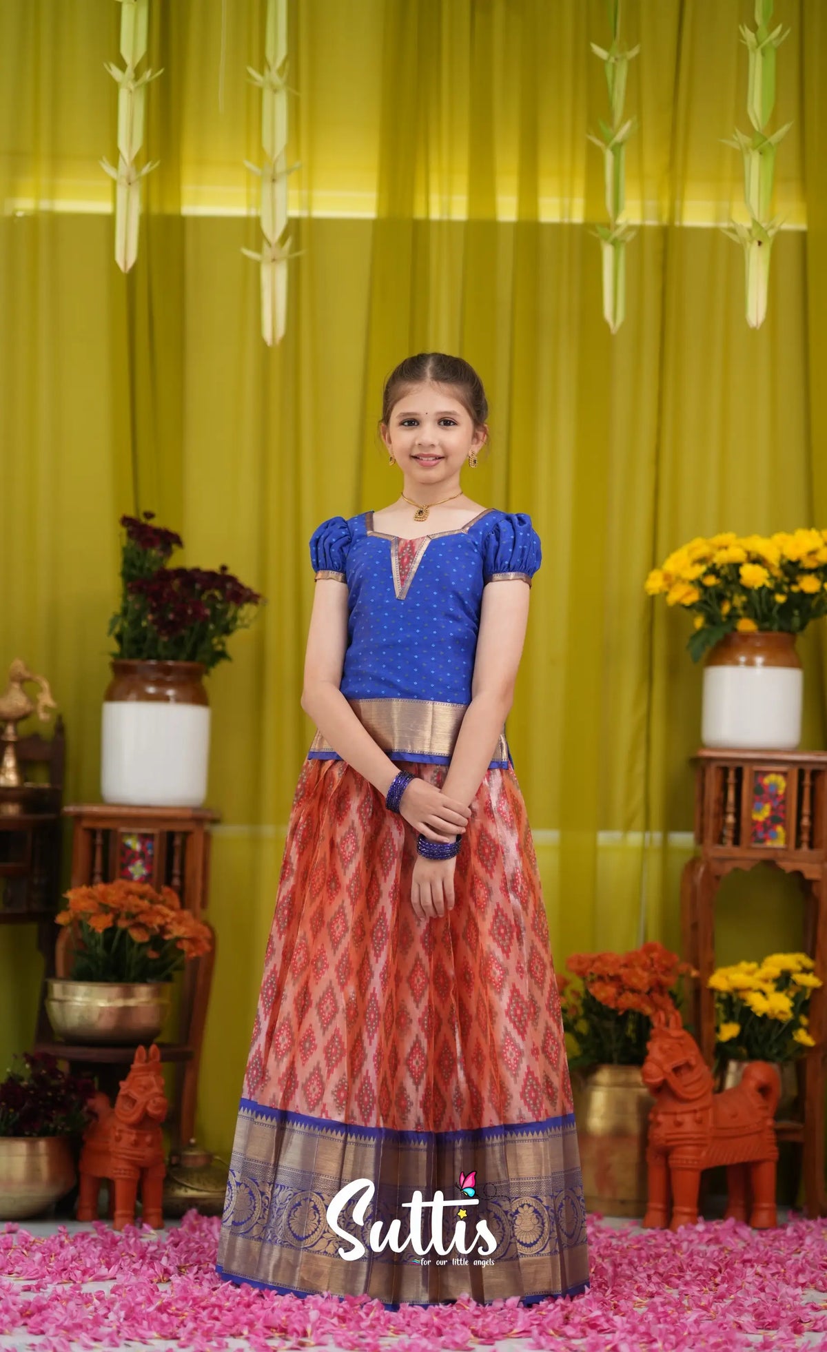 Organza Pavadai Sattai - Orangish red and Dark blue - Kids-Suttis