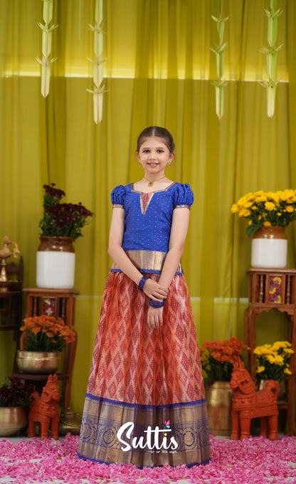Organza Pavadai Sattai - Orangish red and Dark blue - Kids-Suttis