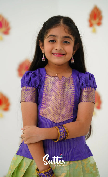 Organza Pavadai Sattai - Pastel Green And Purple Kids-Suttis