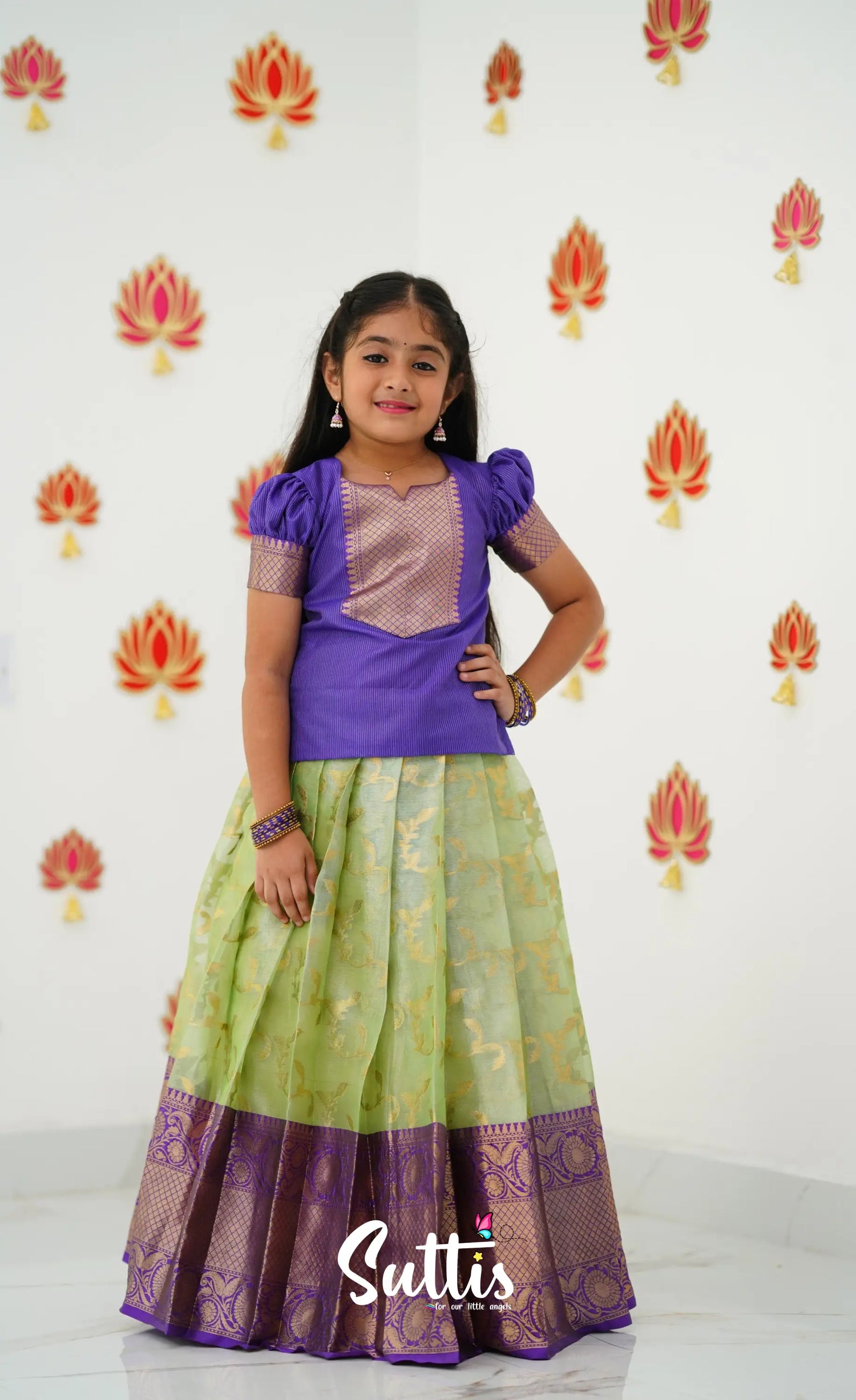 Organza Pavadai Sattai - Pastel Green And Purple Kids-Suttis