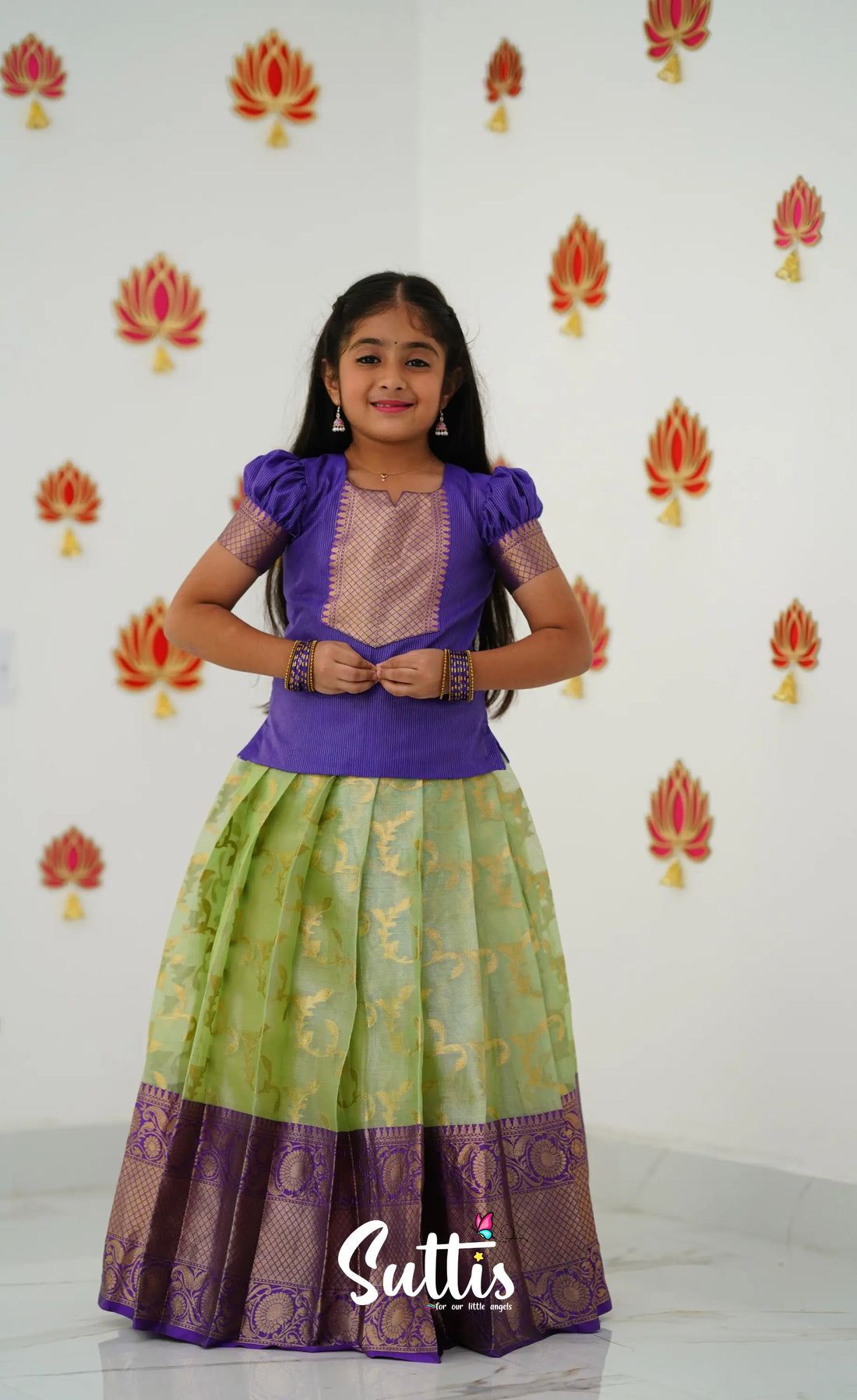 Organza Pavadai Sattai - Pastel Green And Purple Kids-Suttis