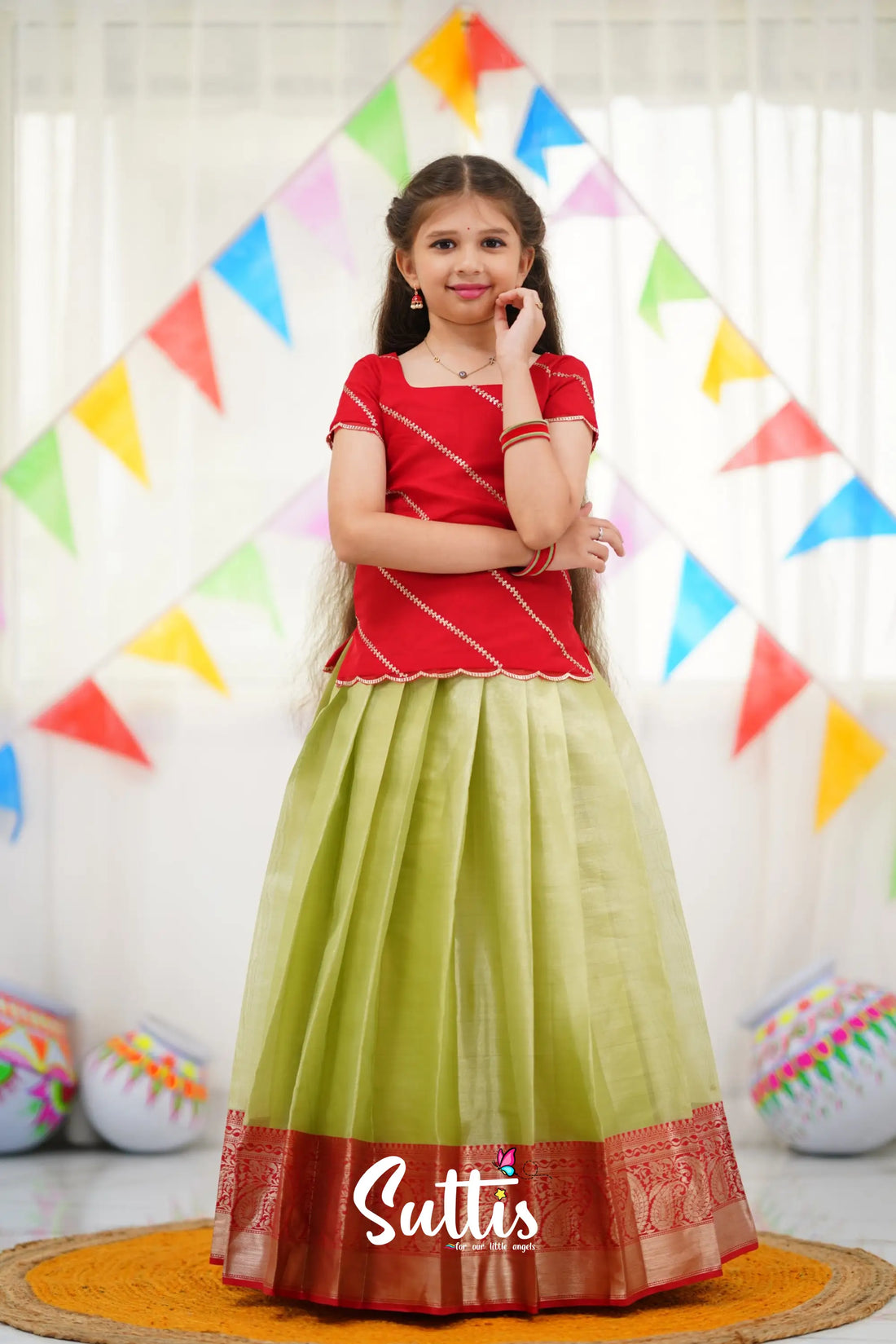 Organza Pavadai Sattai - Pastel Green And Red Kids-Suttis