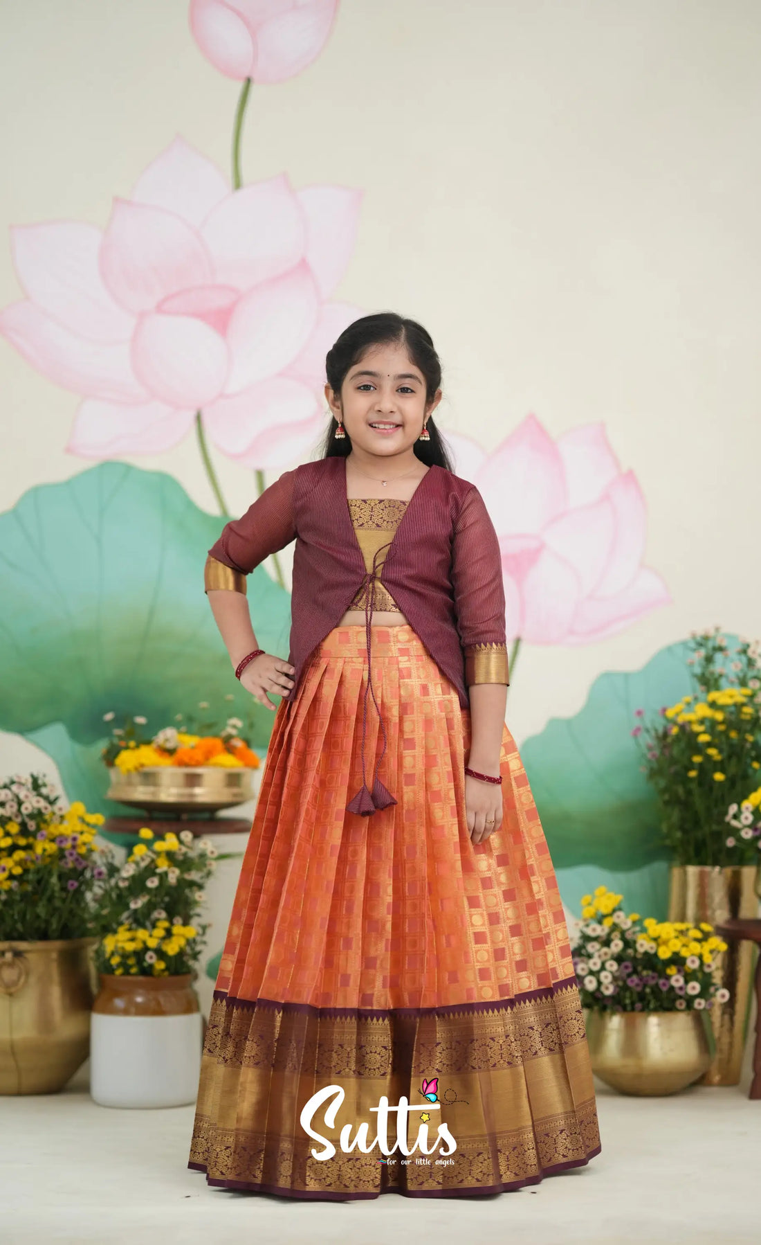 Organza Pavadai Sattai - Peach and Dark Brown Kids-Suttis