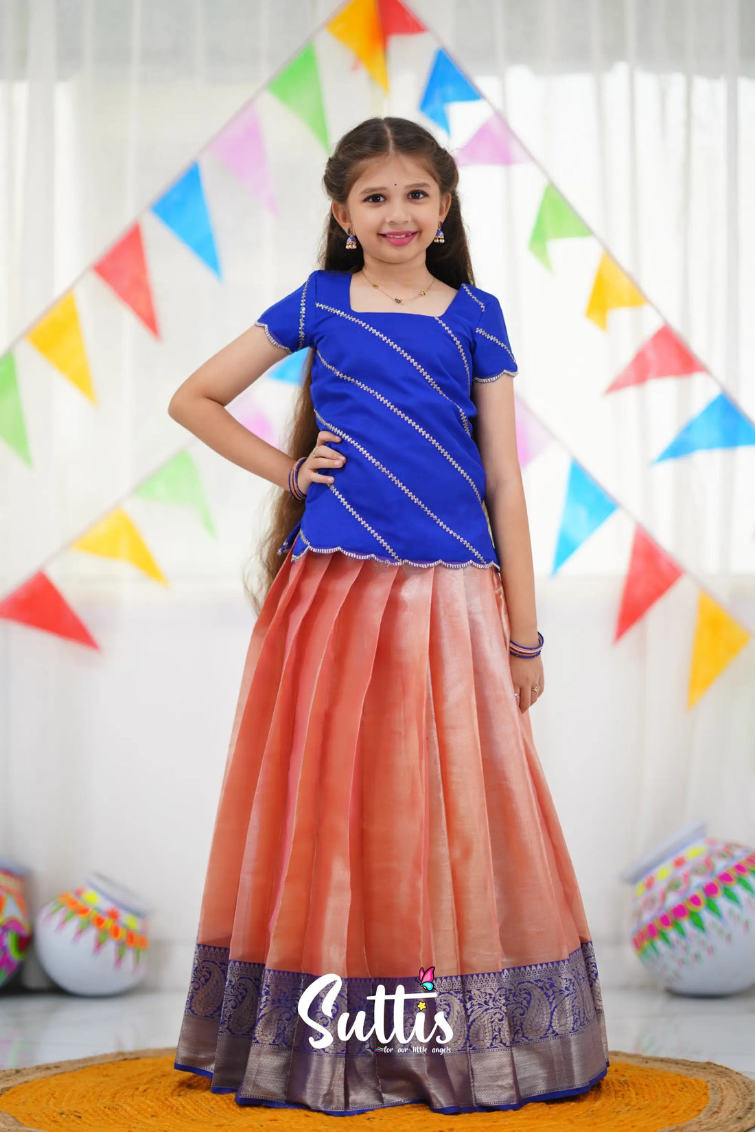 Organza Pavadai Sattai - Peach And Royal Blue Kids-Suttis