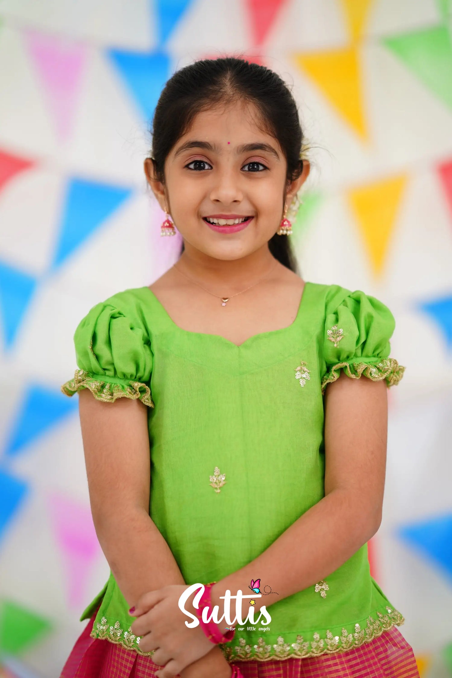 Organza Pavadai Sattai - Pink And Light Green Kids-Suttis