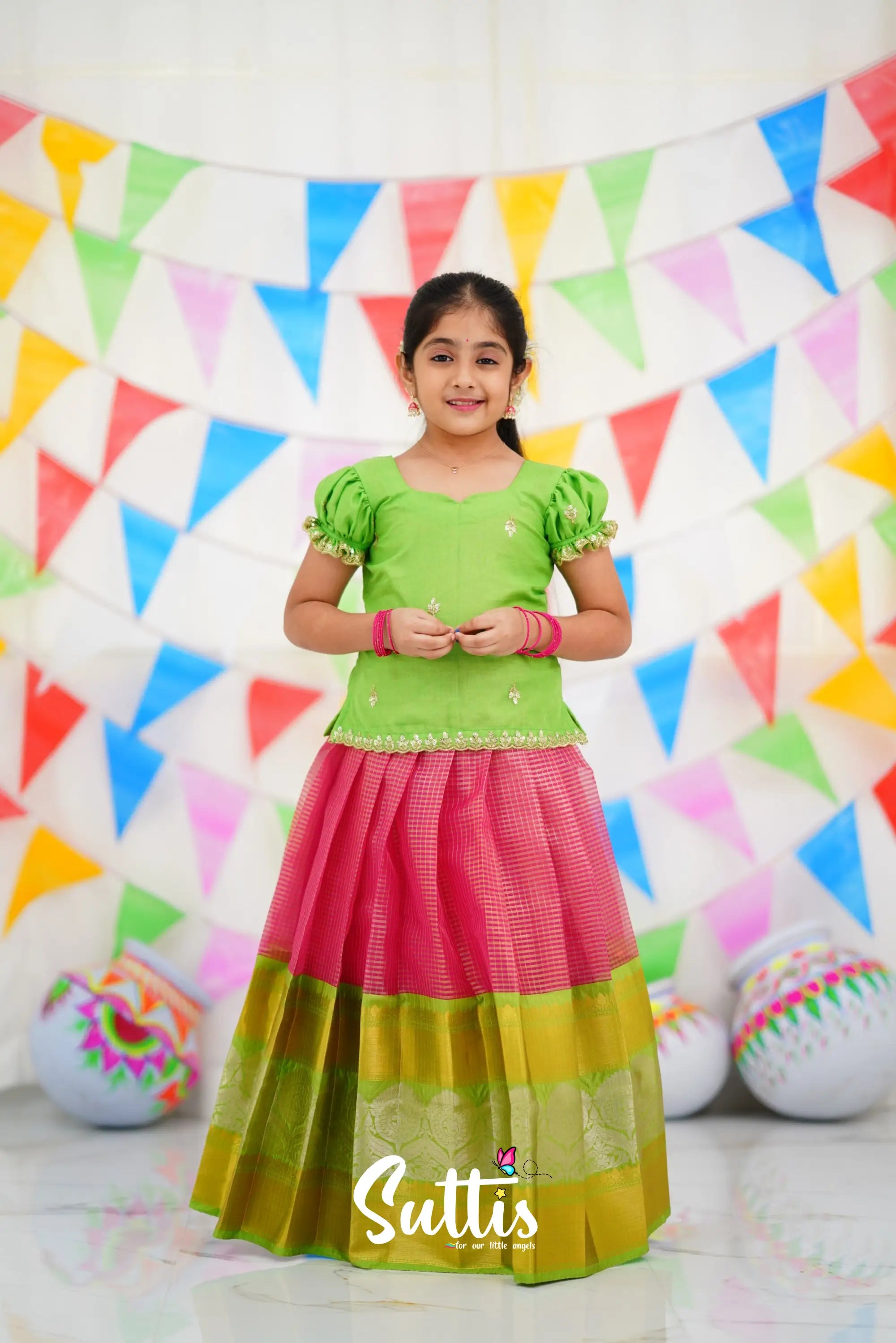 Organza Pavadai Sattai - Pink And Light Green Kids-Suttis