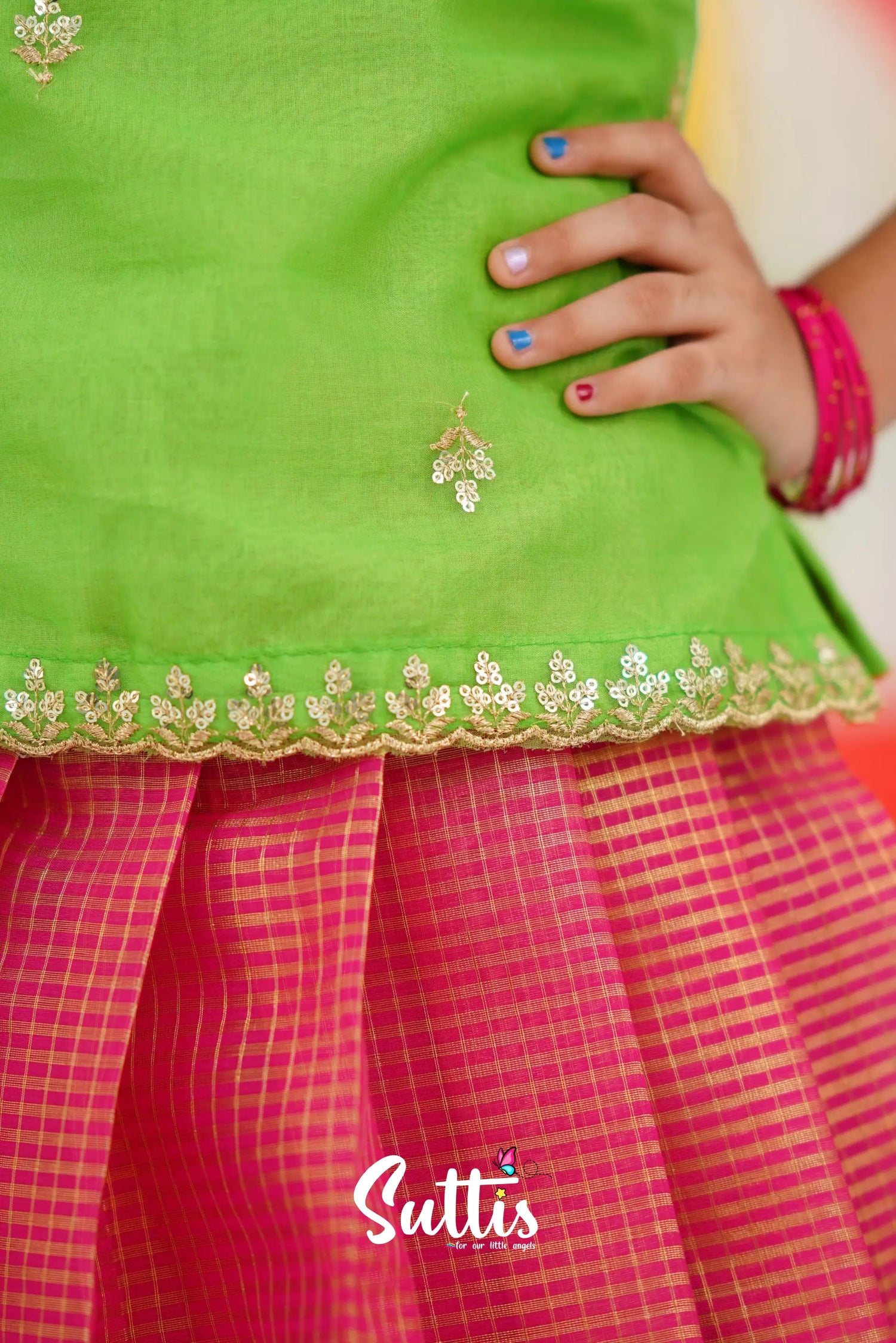 Organza Pavadai Sattai - Pink And Light Green Kids-Suttis