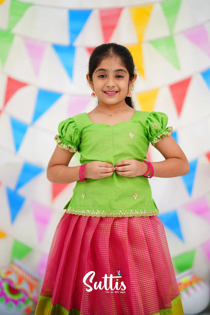 Organza Pavadai Sattai - Pink And Light Green Kids-Suttis