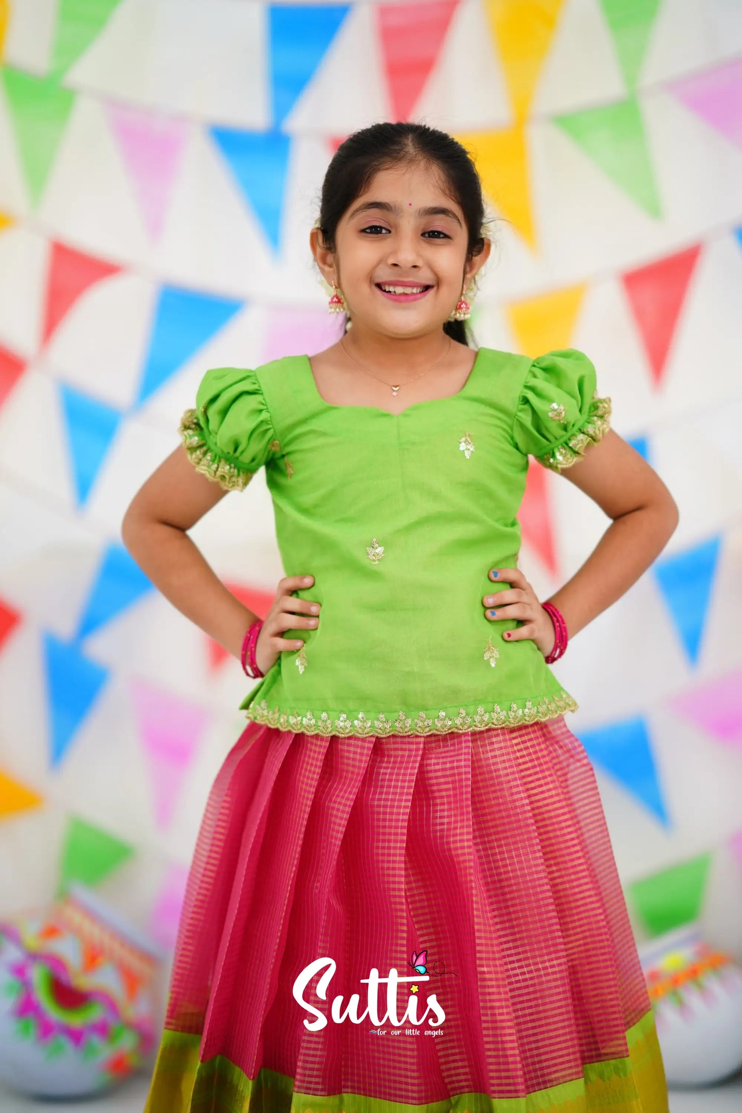 Organza Pavadai Sattai - Pink And Light Green Kids-Suttis