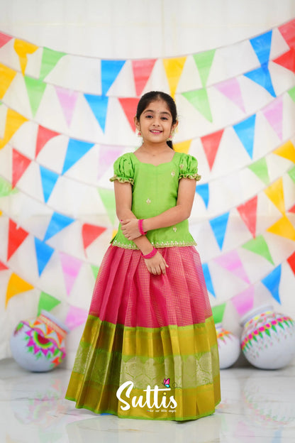 Organza Pavadai Sattai - Pink And Light Green Kids-Suttis