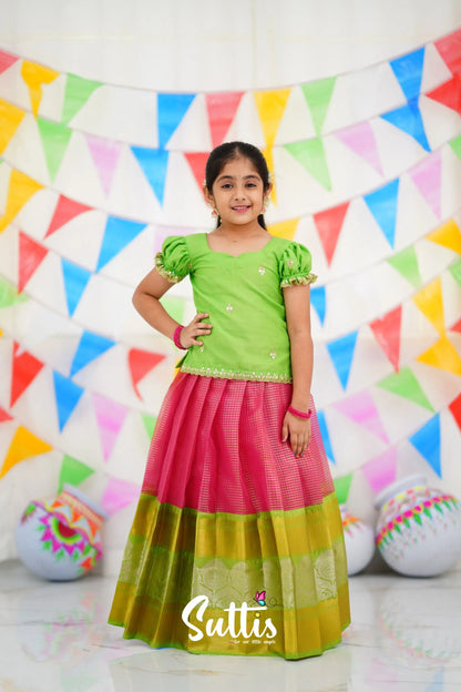 Organza Pavadai Sattai - Pink And Light Green Kids-Suttis