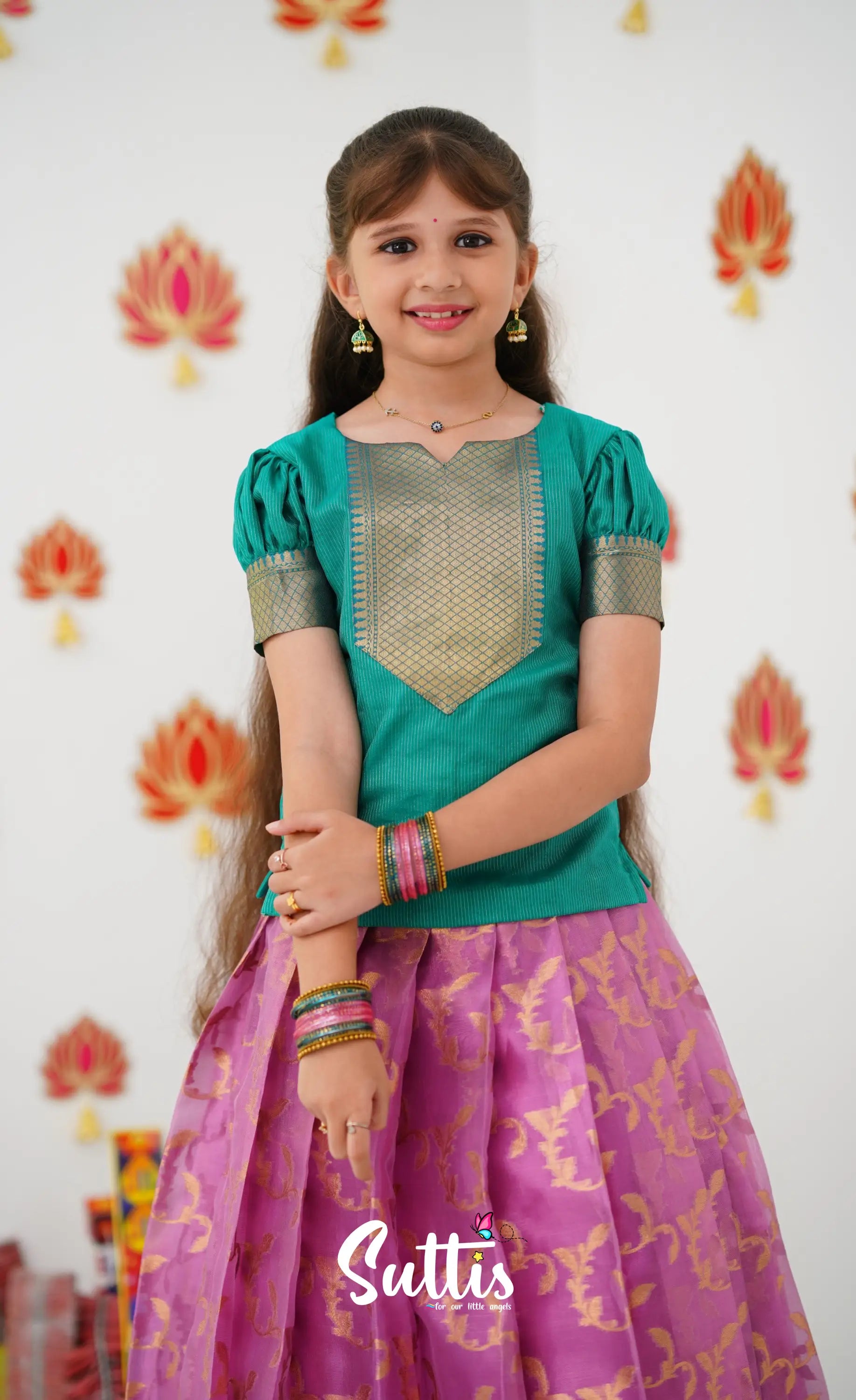 Organza Pavadai Sattai - Pink And Teal Green Kids-Suttis