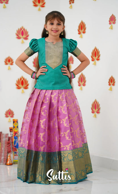 Organza Pavadai Sattai - Pink And Teal Green Kids-Suttis