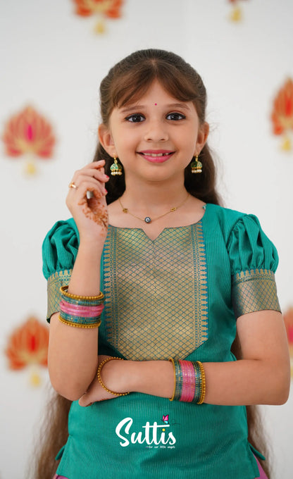 Organza Pavadai Sattai - Pink And Teal Green Kids-Suttis