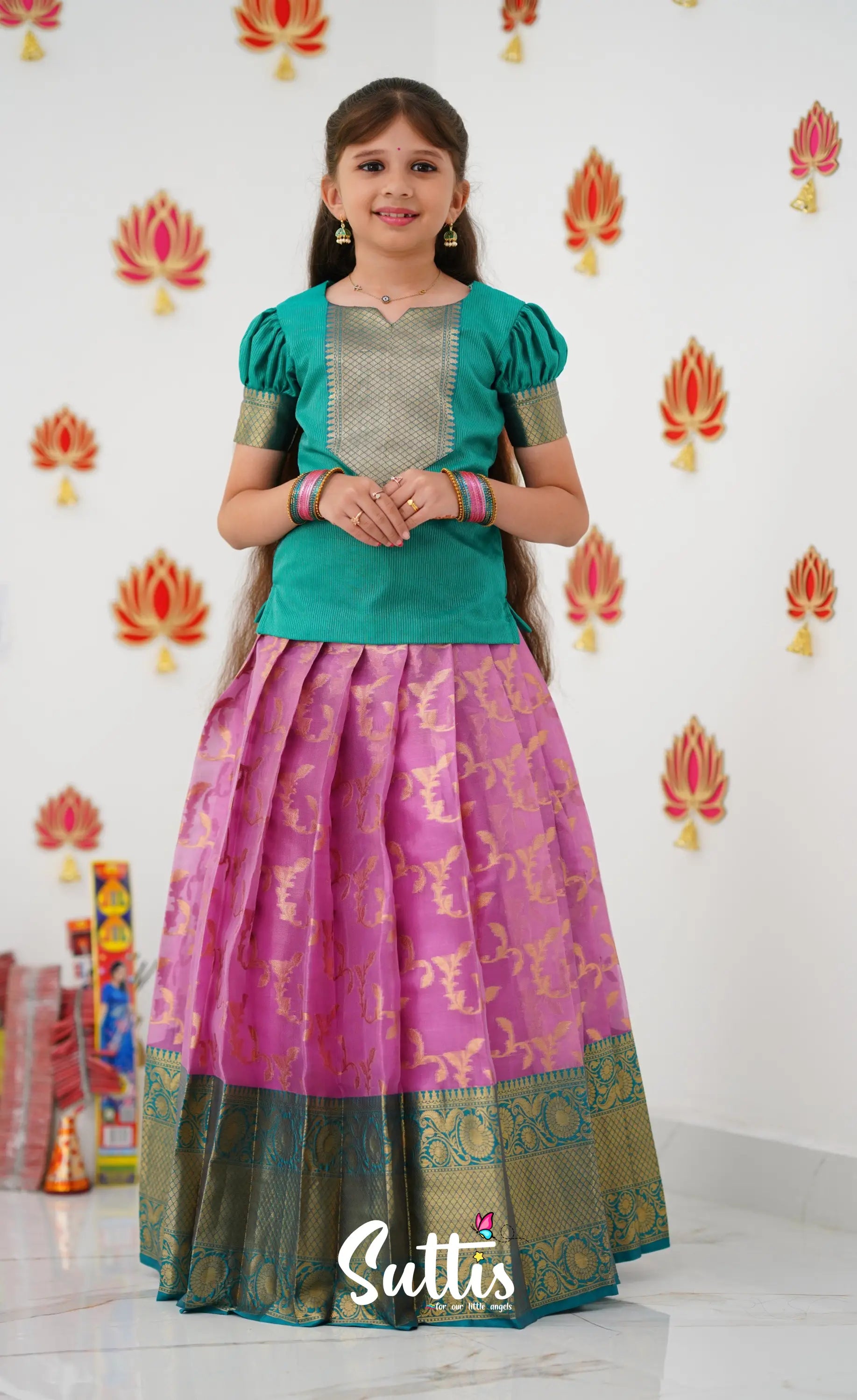 Organza Pavadai Sattai - Pink And Teal Green Kids-Suttis