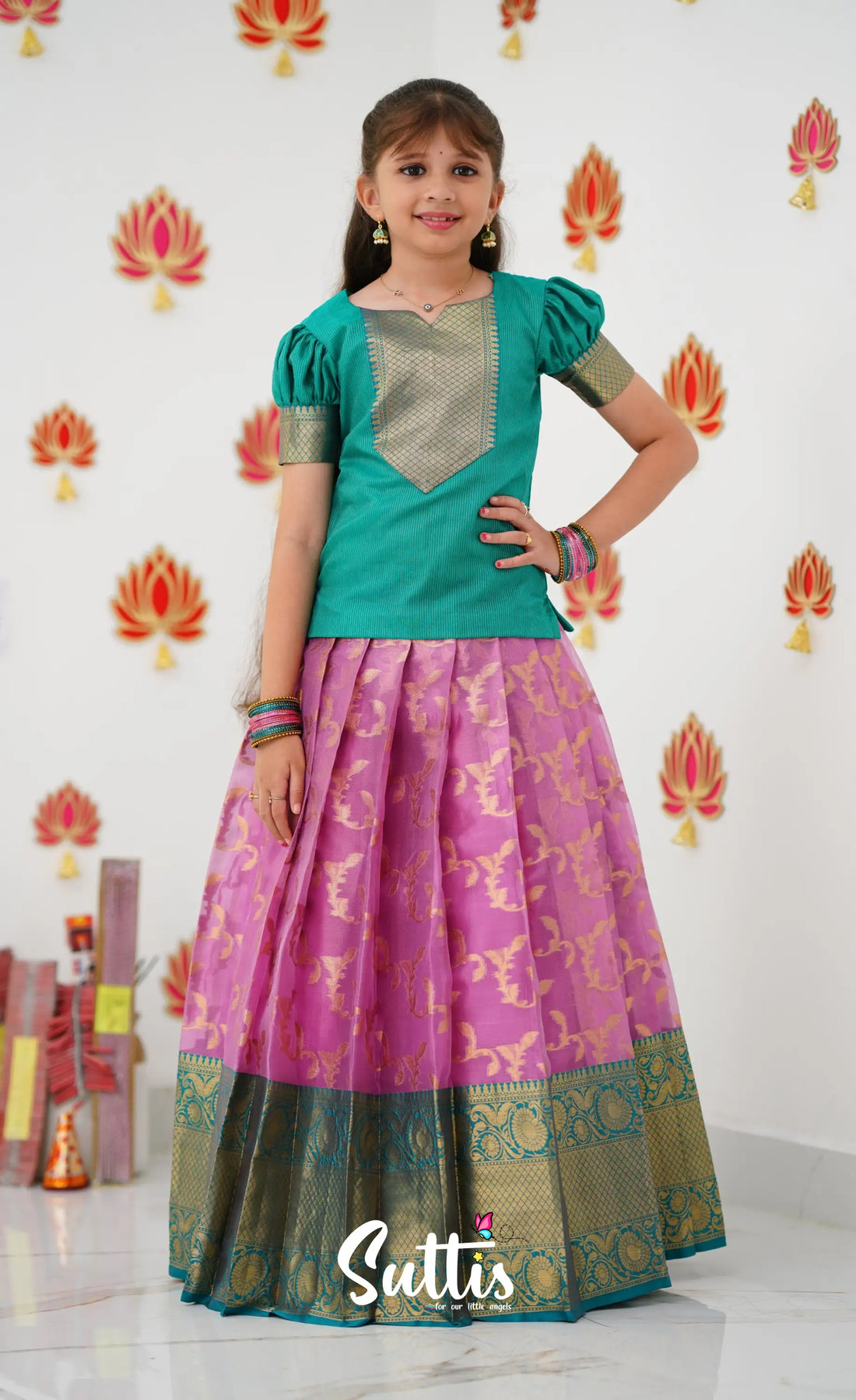 Organza Pavadai Sattai - Pink And Teal Green Kids-Suttis