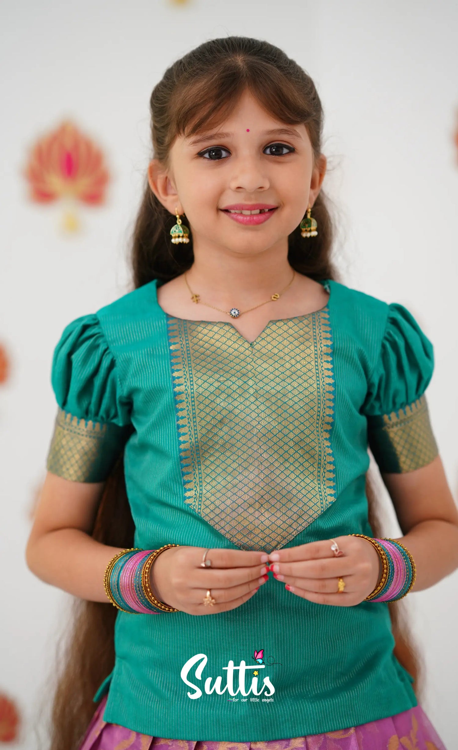 Organza Pavadai Sattai - Pink And Teal Green Kids-Suttis