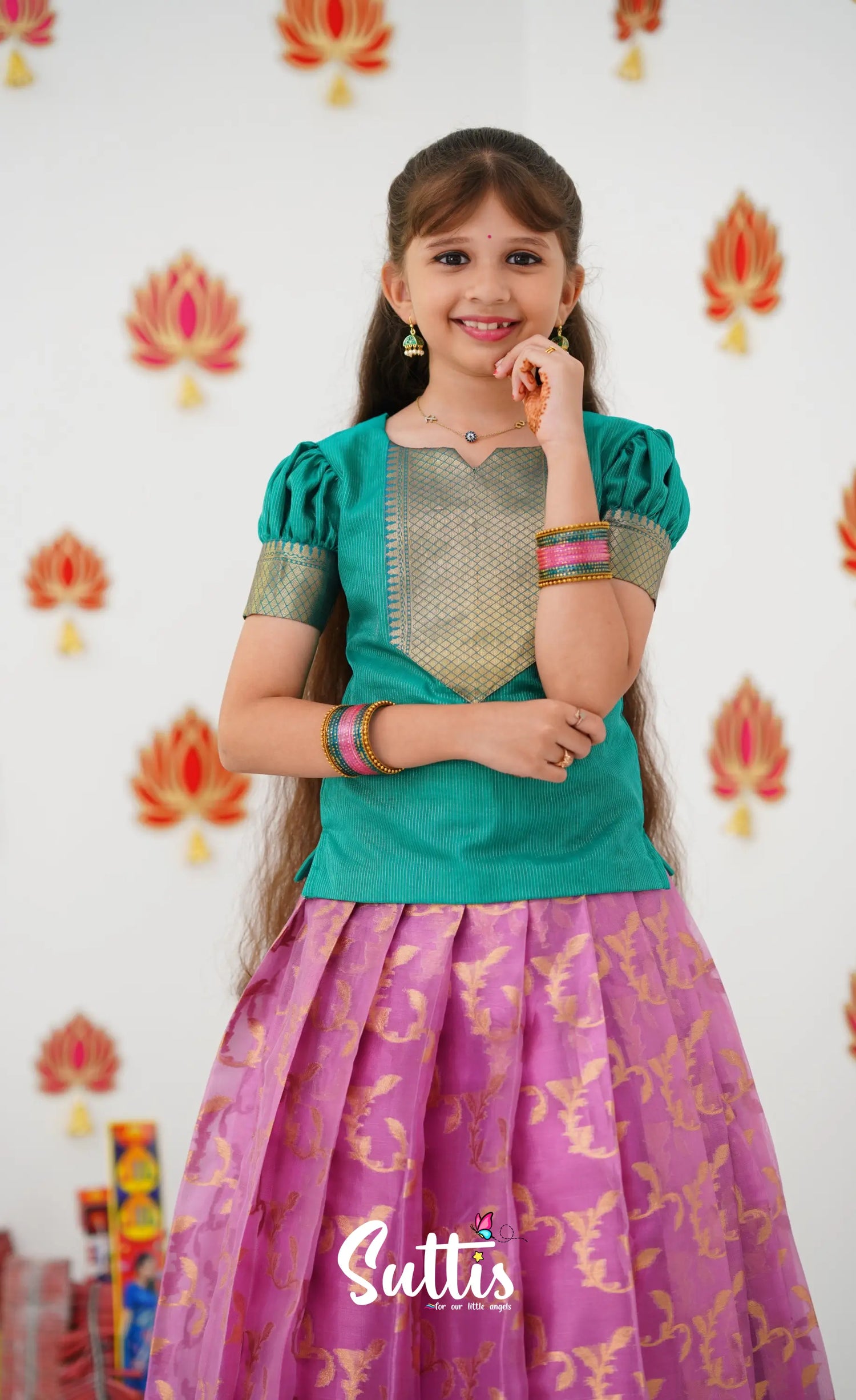 Organza Pavadai Sattai - Pink And Teal Green Kids-Suttis