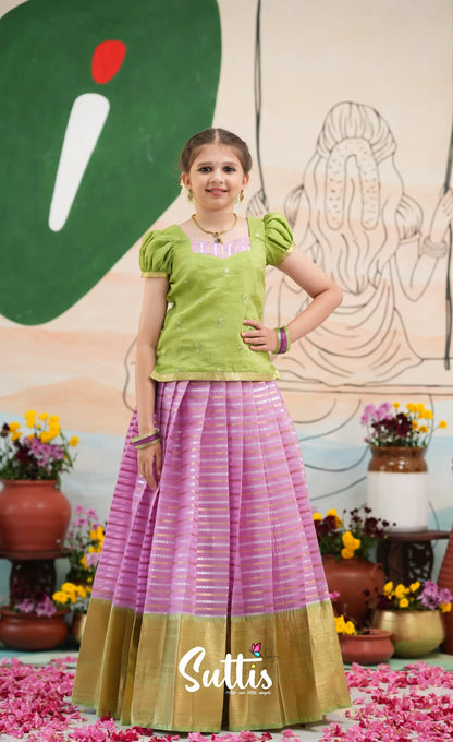 Organza Pavadai Sattai - Pinkish Lavender and Pastel Green - Kids-Suttis