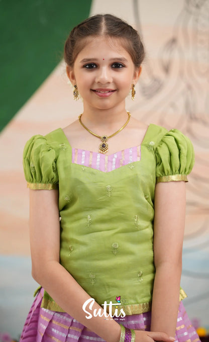 Organza Pavadai Sattai - Pinkish Lavender and Pastel Green - Kids-Suttis