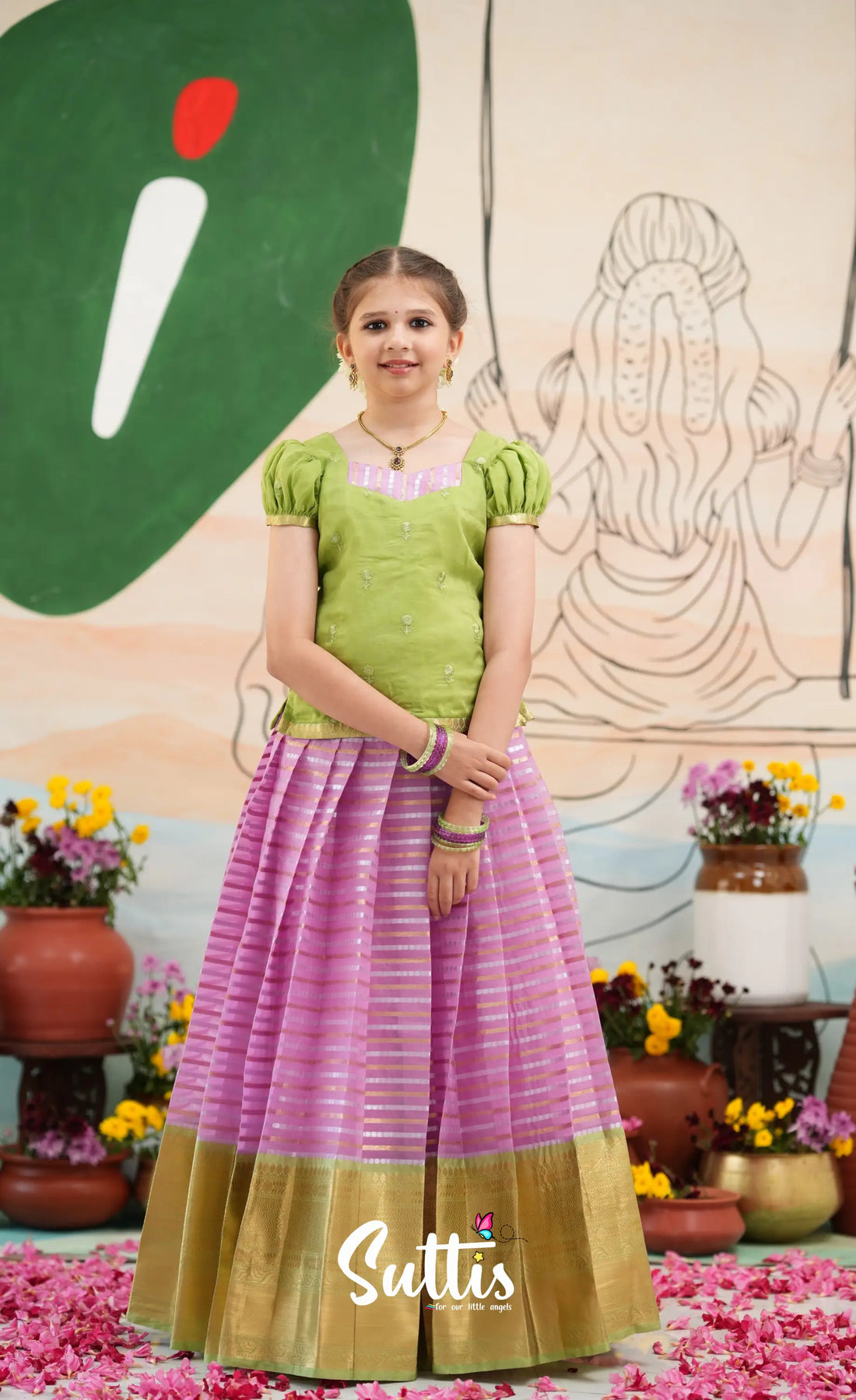 Organza Pavadai Sattai - Pinkish Lavender and Pastel Green - Kids-Suttis