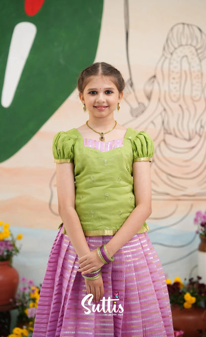 Organza Pavadai Sattai - Pinkish Lavender and Pastel Green - Kids-Suttis
