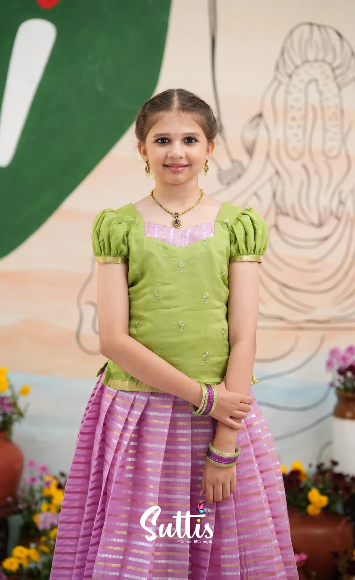 Organza Pavadai Sattai - Pinkish Lavender and Pastel Green - Kids-Suttis