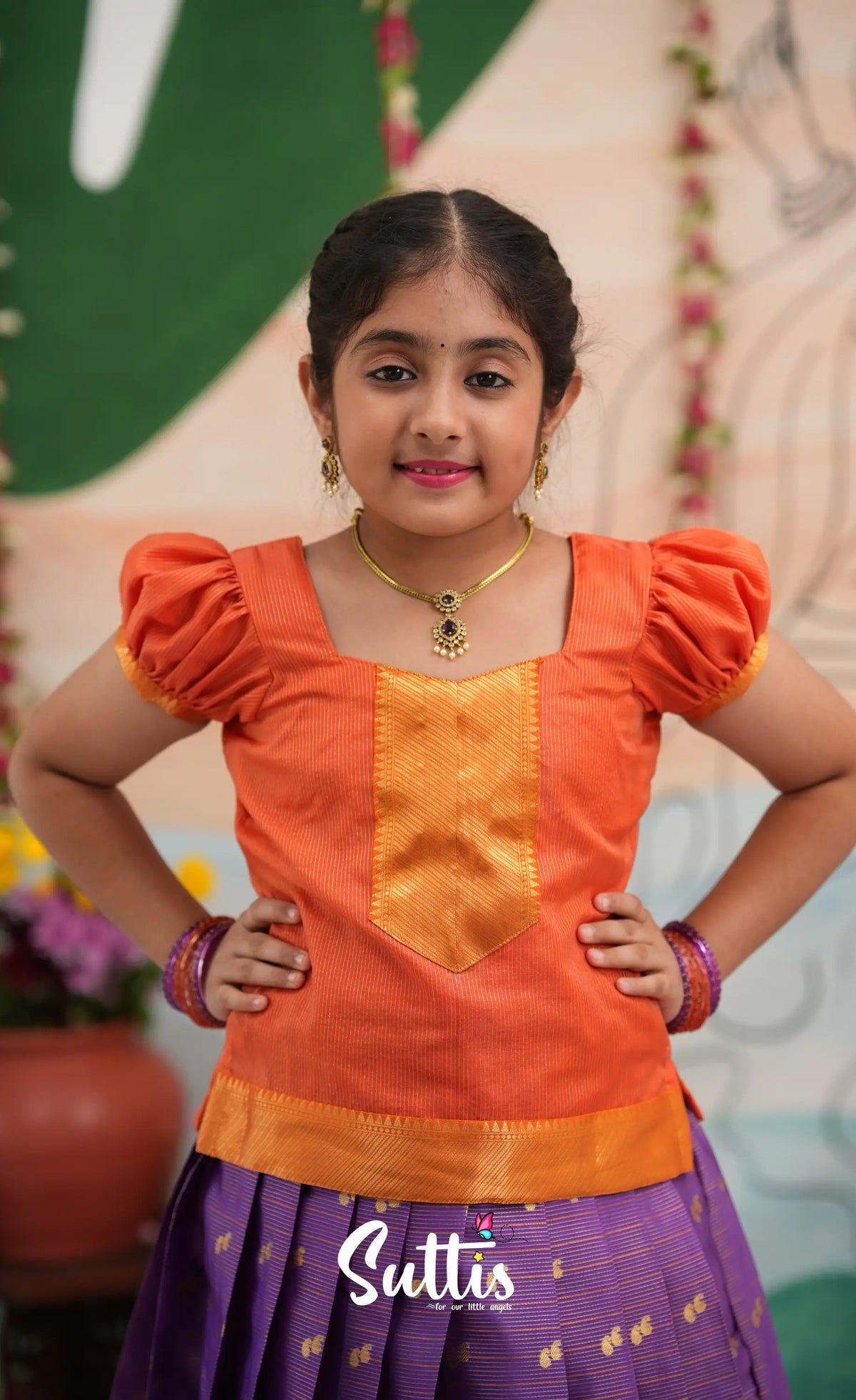 Organza Pavadai Sattai - Purple and Orange - Kids-Suttis