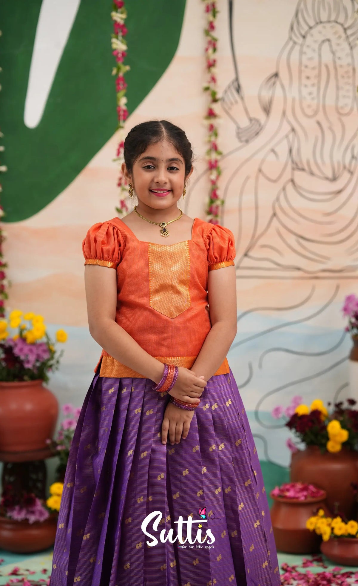 Organza Pavadai Sattai - Purple and Orange - Kids-Suttis