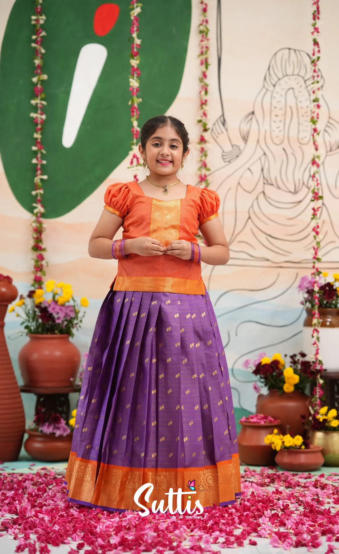 Organza Pavadai Sattai - Purple and Orange - Kids-Suttis
