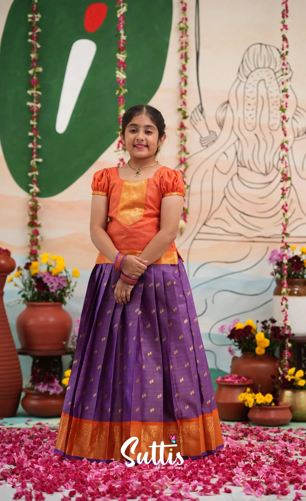 Organza Pavadai Sattai - Purple and Orange - Kids-Suttis