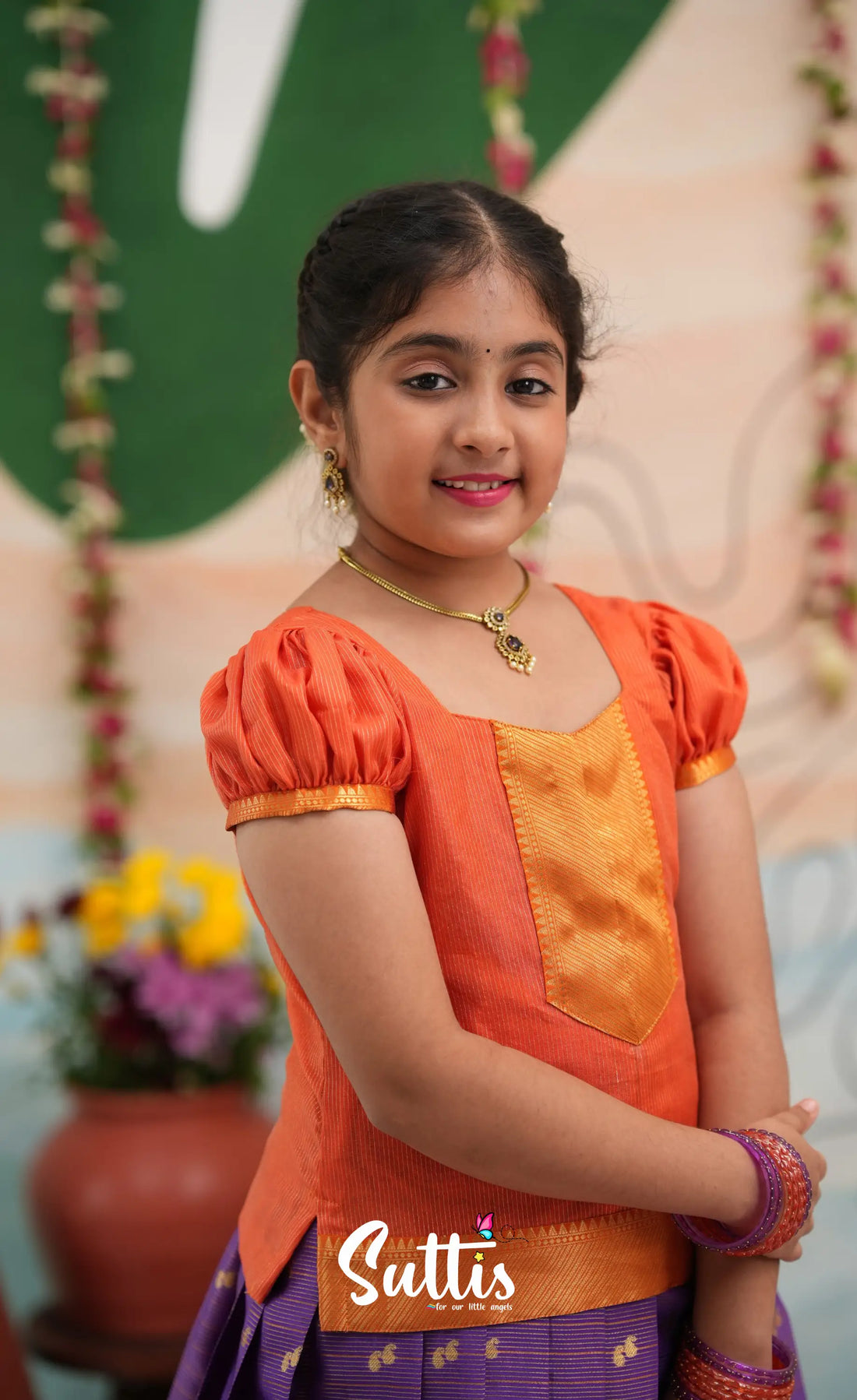 Organza Pavadai Sattai - Purple and Orange - Kids-Suttis