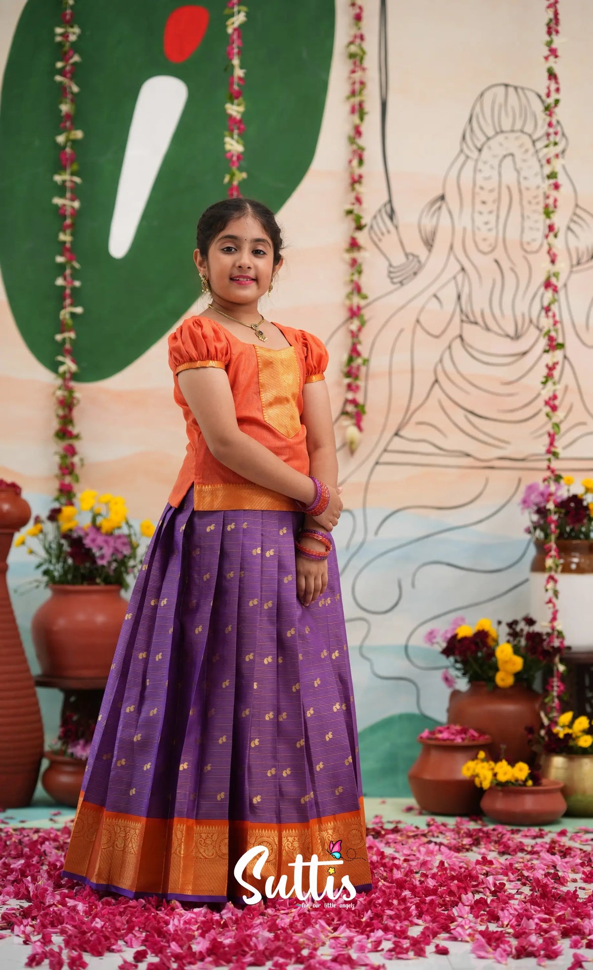 Organza Pavadai Sattai - Purple and Orange - Kids-Suttis