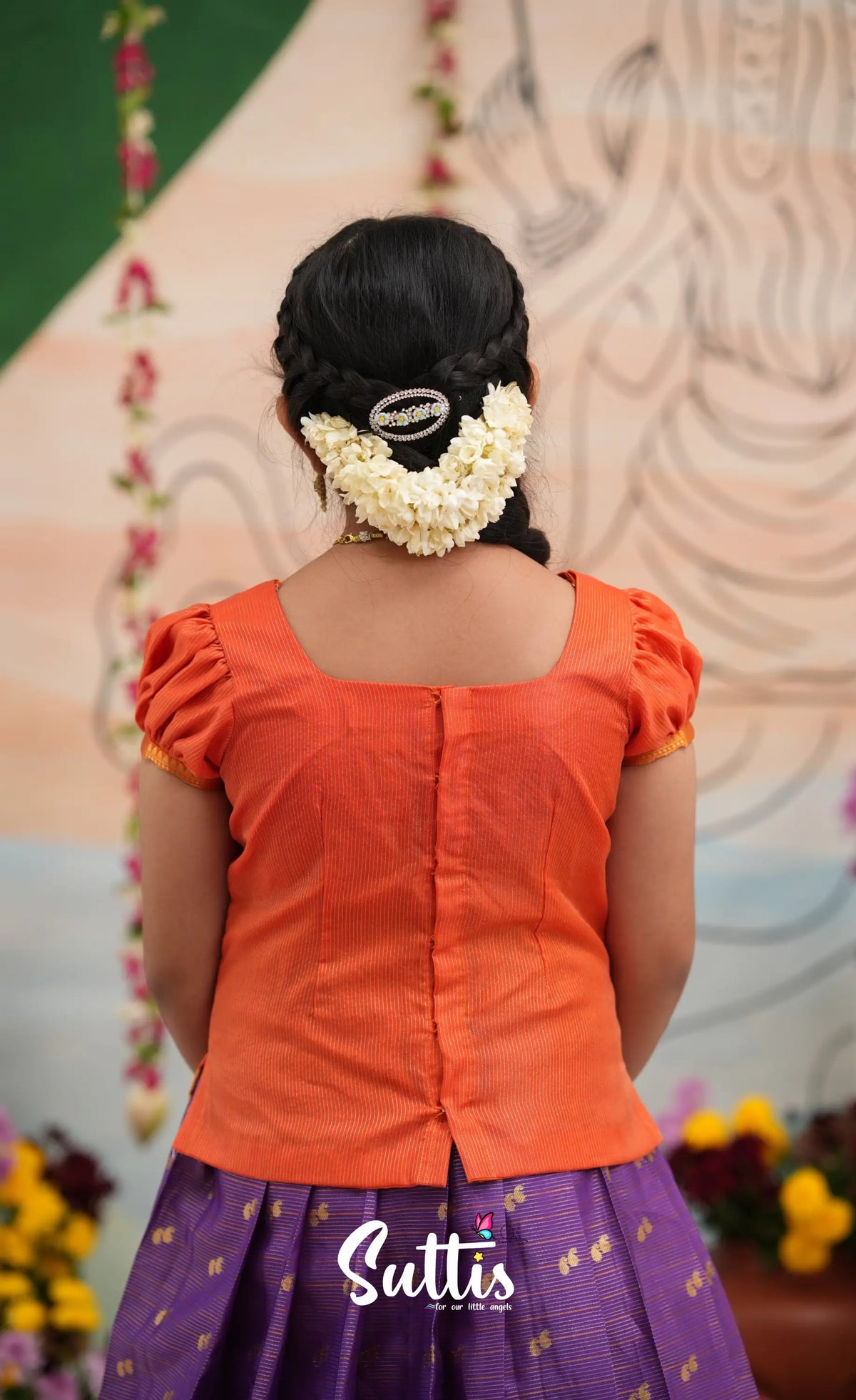 Organza Pavadai Sattai - Purple and Orange - Kids-Suttis