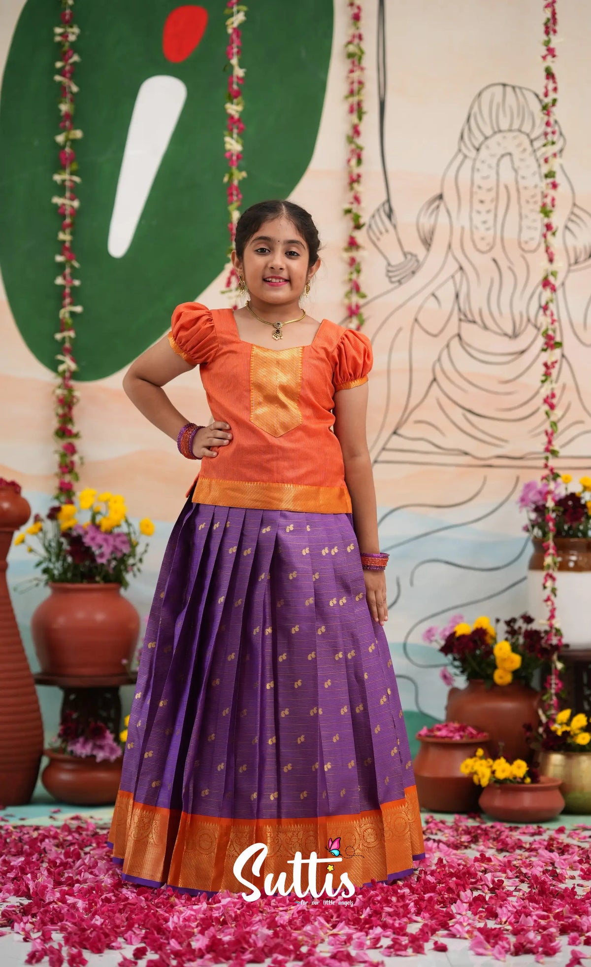 Organza Pavadai Sattai - Purple and Orange - Kids-Suttis