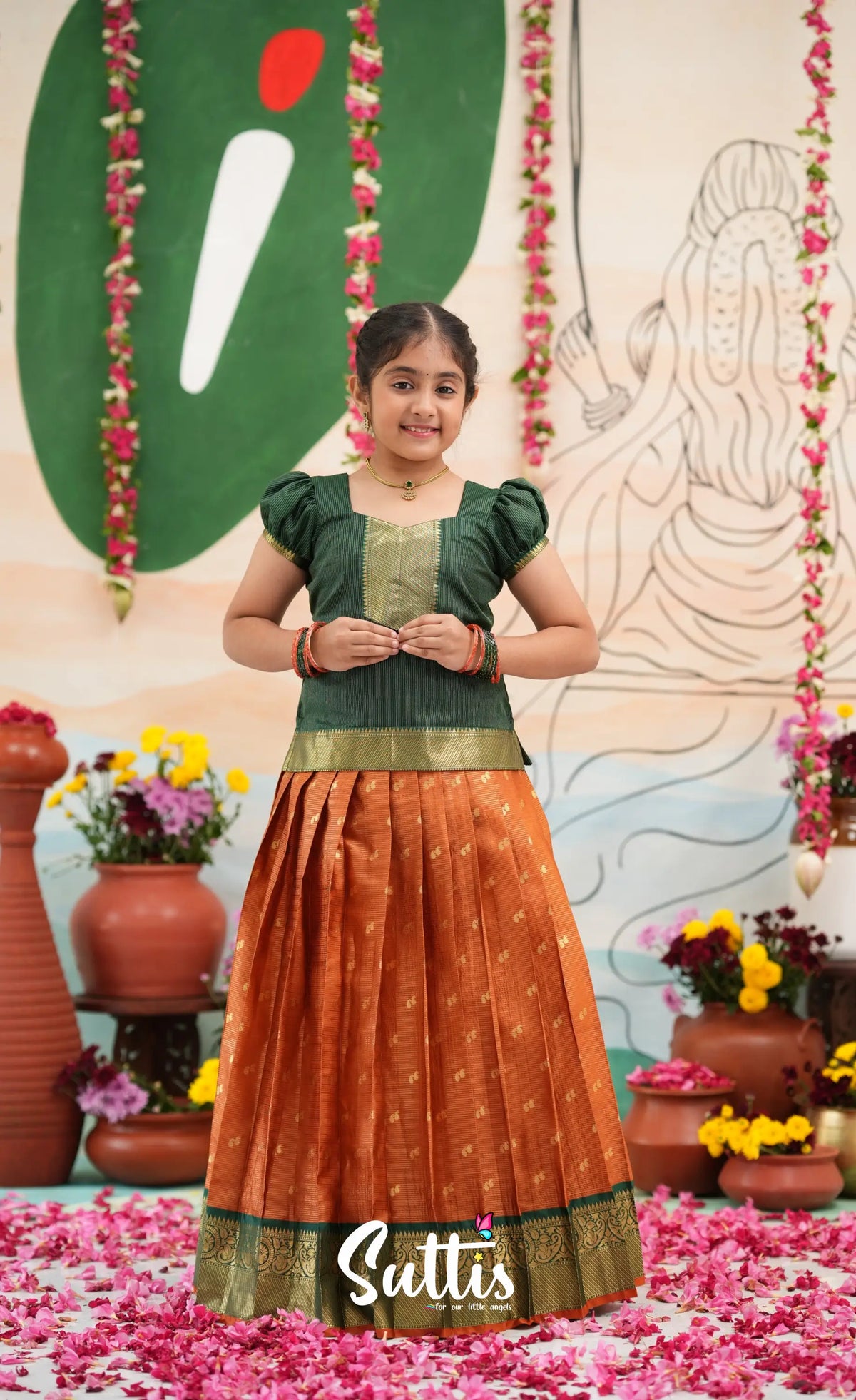 Organza Pavadai Sattai - Rust Orange and Dark Green - Kids-Suttis