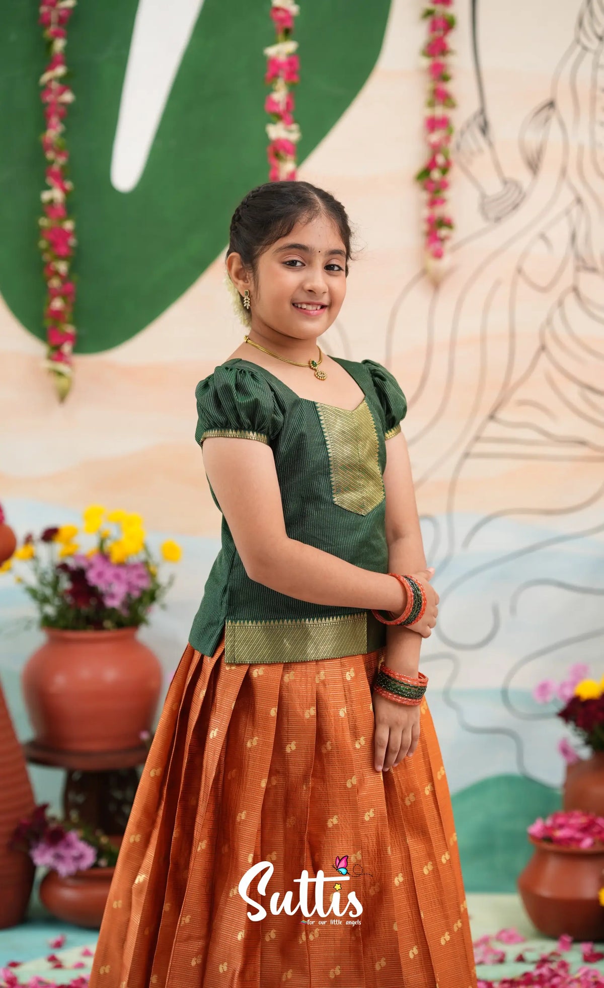 Organza Pavadai Sattai - Rust Orange and Dark Green - Kids-Suttis