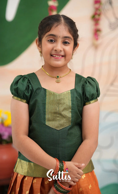 Organza Pavadai Sattai - Rust Orange and Dark Green - Kids-Suttis