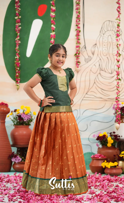 Organza Pavadai Sattai - Rust Orange and Dark Green - Kids-Suttis