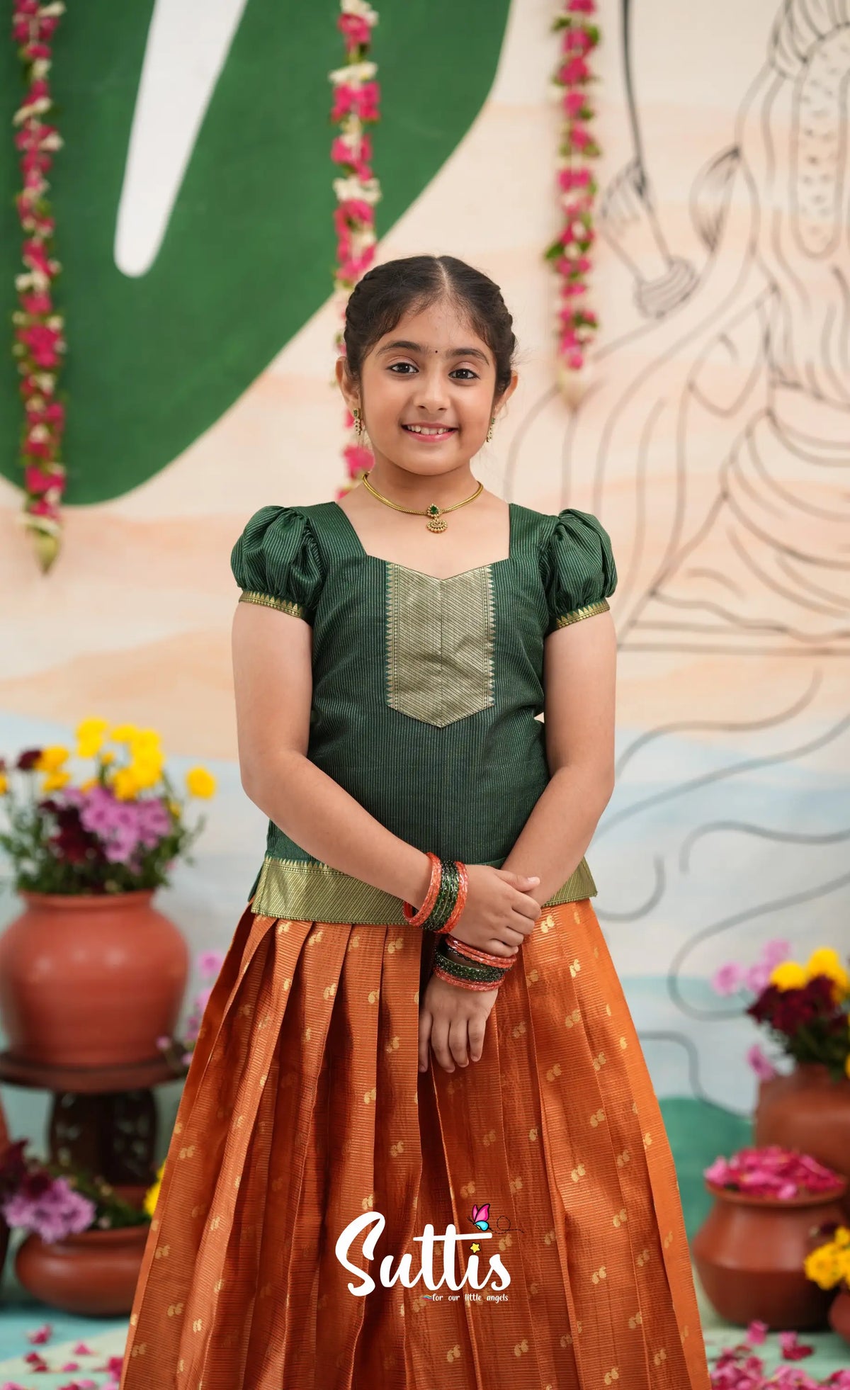 Organza Pavadai Sattai - Rust Orange and Dark Green - Kids-Suttis